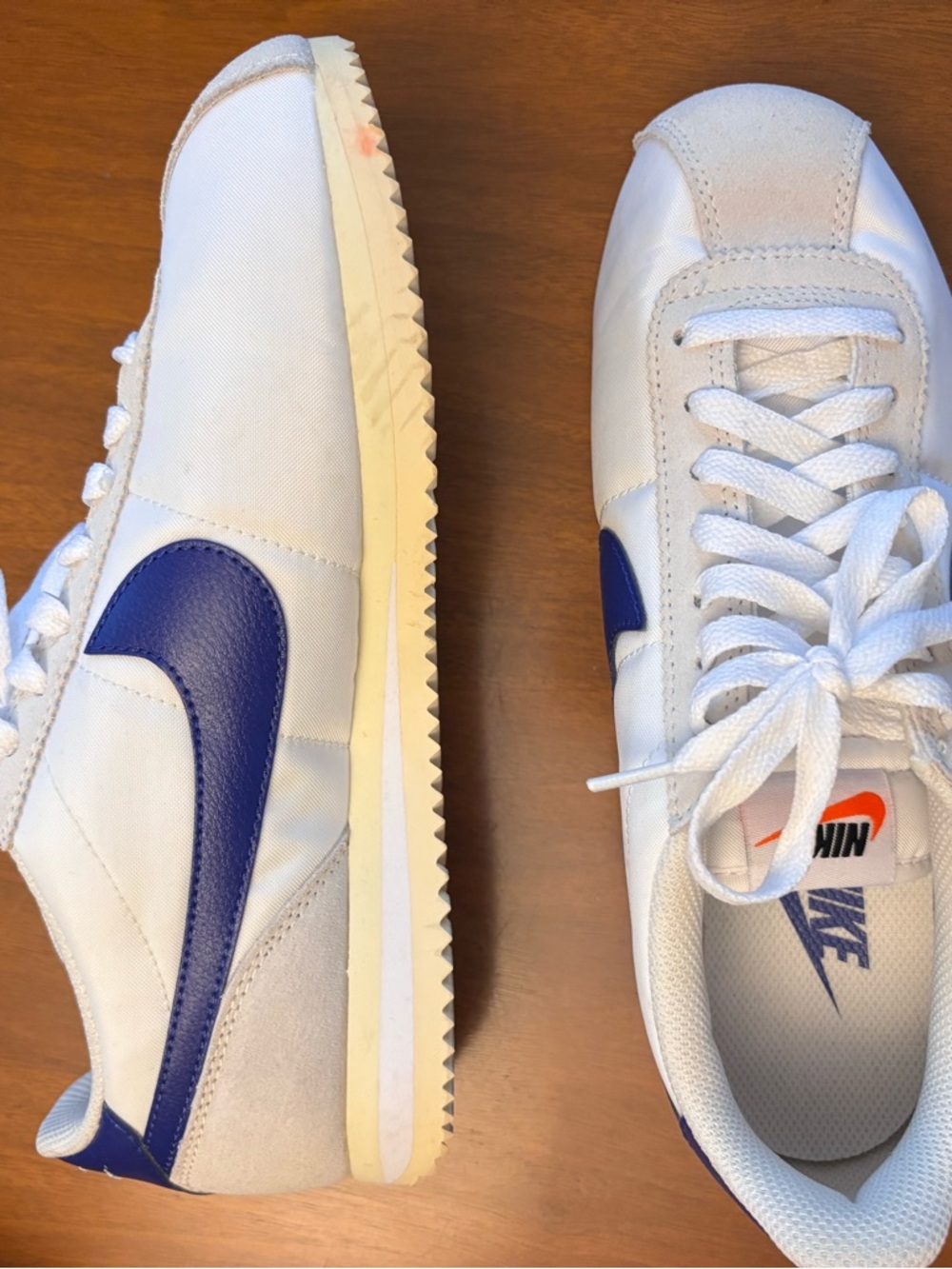 Nike Unisex White and Blue Cortez Textile sneakers. W8.5/ M7